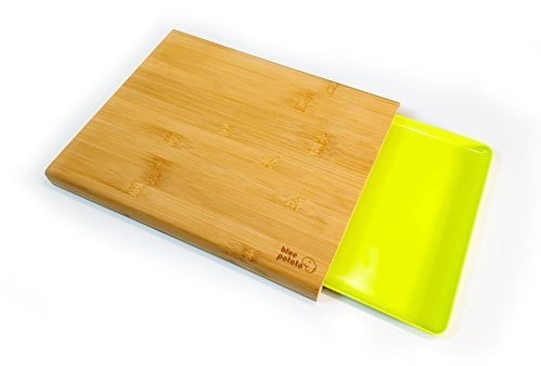 BluePotato Schneidebrett mit Auffangschale / Tablett als Schublade, Küchenbrett aus Bambus Grün